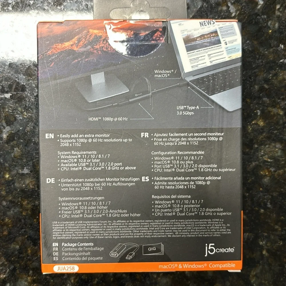 j5create, USB™ to HDMI™ Multi-Monitor Adapter Windows® /macOS® Compatible JUA258